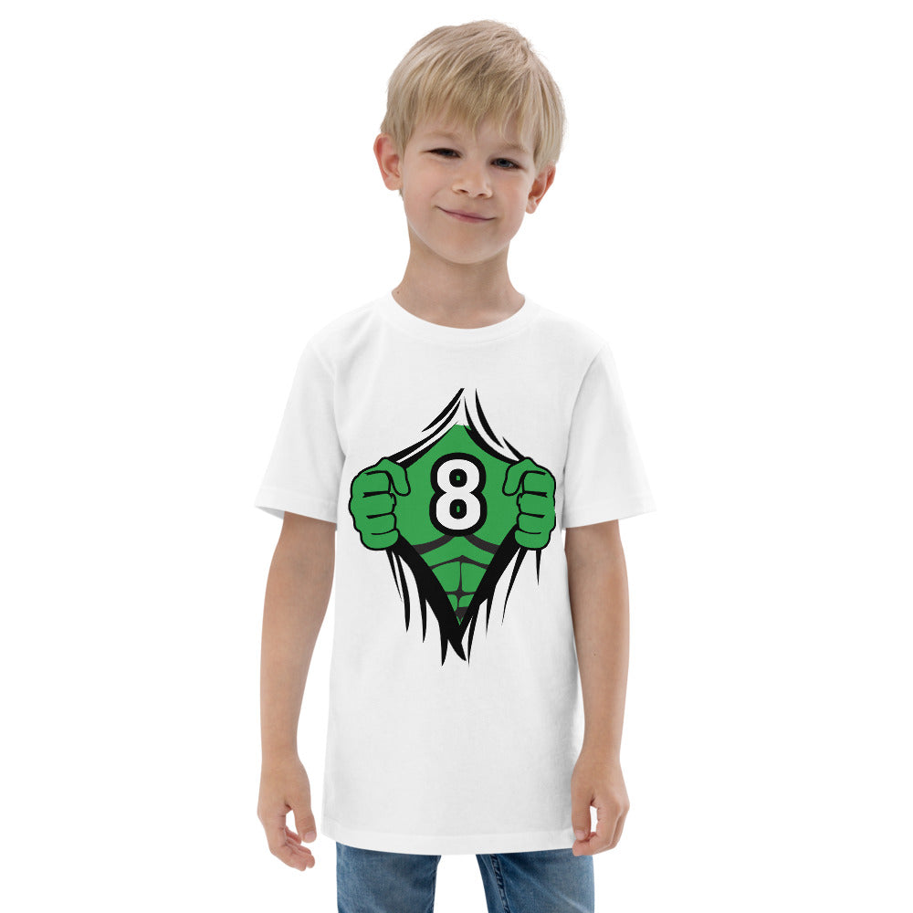 Funny 8th Birthday Kids Turning 8 Years Old Superhero Comic Cartoon Youth Jersey T-Shirt