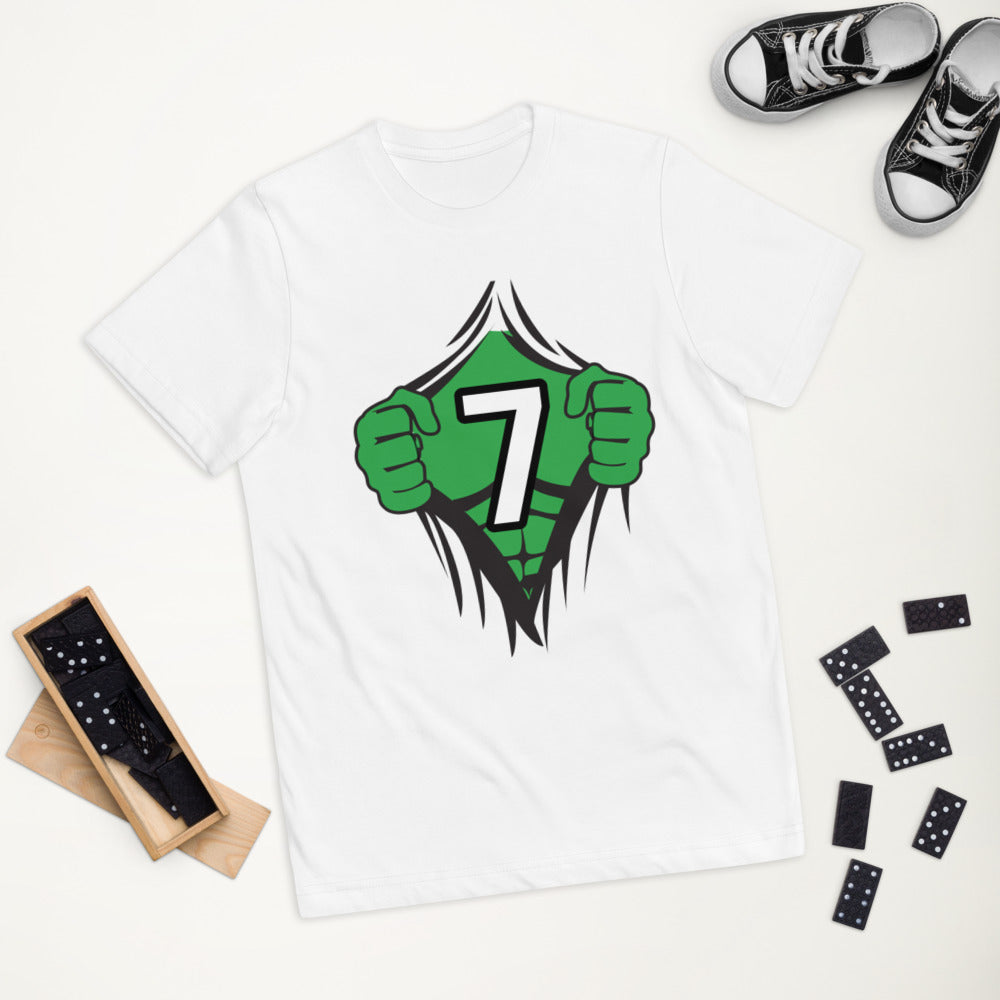 Funny 7th Birthday Kids Turning 7 Years Old Superhero Comic Cartoon Youth Jersey T-Shirt