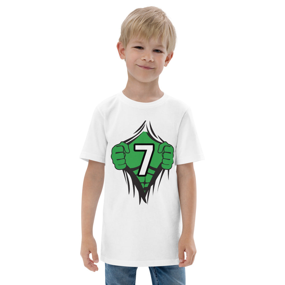 Funny 7th Birthday Kids Turning 7 Years Old Superhero Comic Cartoon Youth Jersey T-Shirt