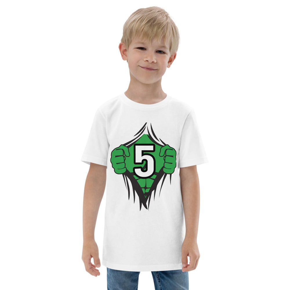 Funny 5th Birthday Kids Turning 5 Years Old Superhero Comic Cartoon Youth Jersey T-Shirt