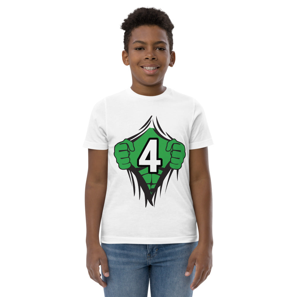 Funny 4th Birthday Kids Turning 4 Years Old Superhero Comic Cartoon Youth Jersey T-Shirt