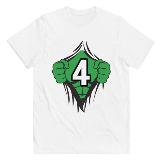 Funny 4th Birthday Kids Turning 4 Years Old Superhero Comic Cartoon Youth Jersey T-Shirt