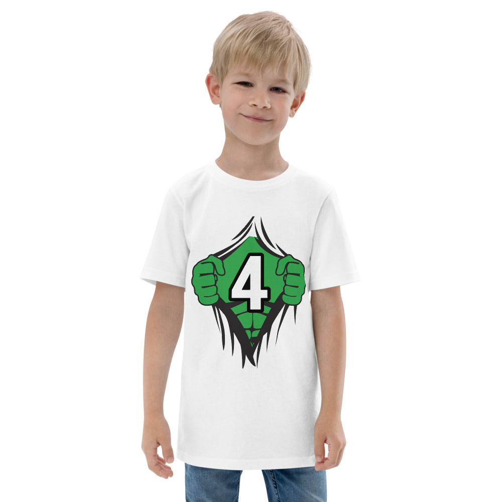 Funny 4th Birthday Kids Turning 4 Years Old Superhero Comic Cartoon Youth Jersey T-Shirt