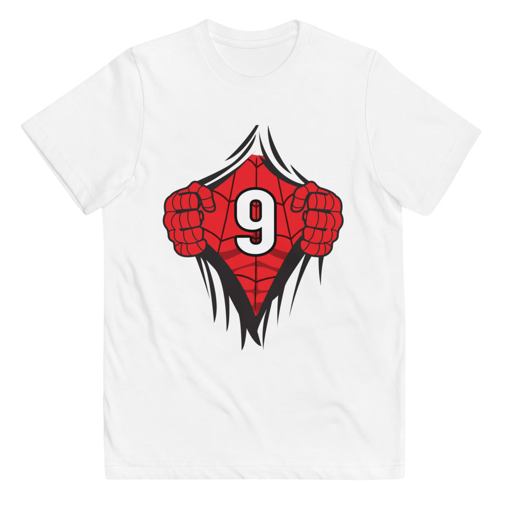 Cool Superhero Comic Cartoon 9th Birthday Kids Turning 9 Years Old Youth Jersey T-Shirt