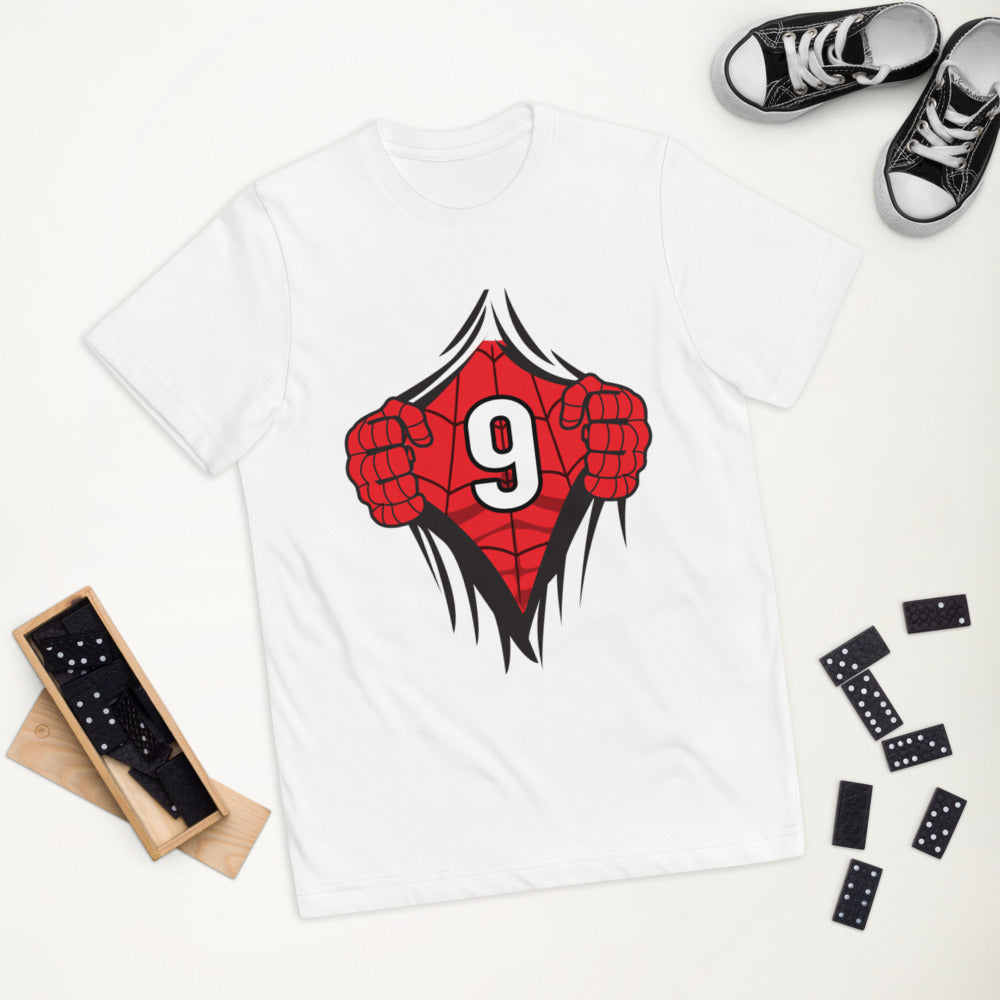 Cool Superhero Comic Cartoon 9th Birthday Kids Turning 9 Years Old Youth Jersey T-Shirt