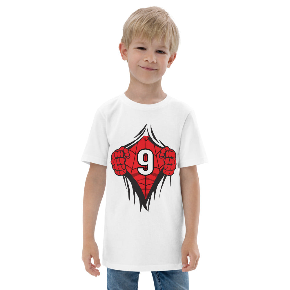 Cool Superhero Comic Cartoon 9th Birthday Kids Turning 9 Years Old Youth Jersey T-Shirt