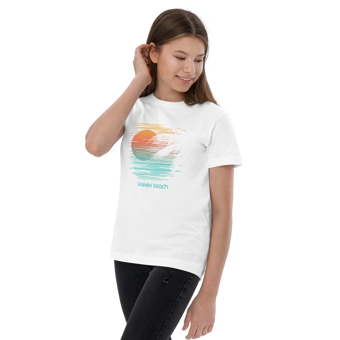 Waikiki Beach Oahu Hawaii Vacation Artistic Souvenir Youth Jersey T-Shirt