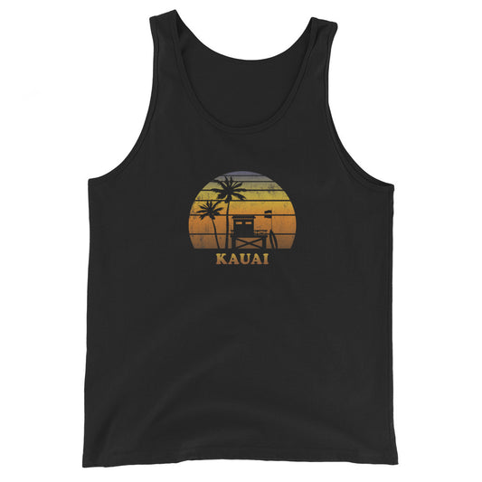 Retro Kauai Hawaii Sunset Surfing Palm Tree Vacation Souvenir Unisex Tank Top