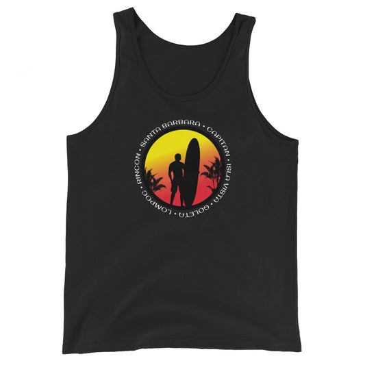 Santa Barbara California Surfing Cool Sunset Palm Tree Surf Unisex Tank Top