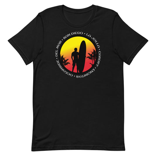 San Diego California County Surfing Cool Sunset Palm Tree Surf Unisex T-Shirt