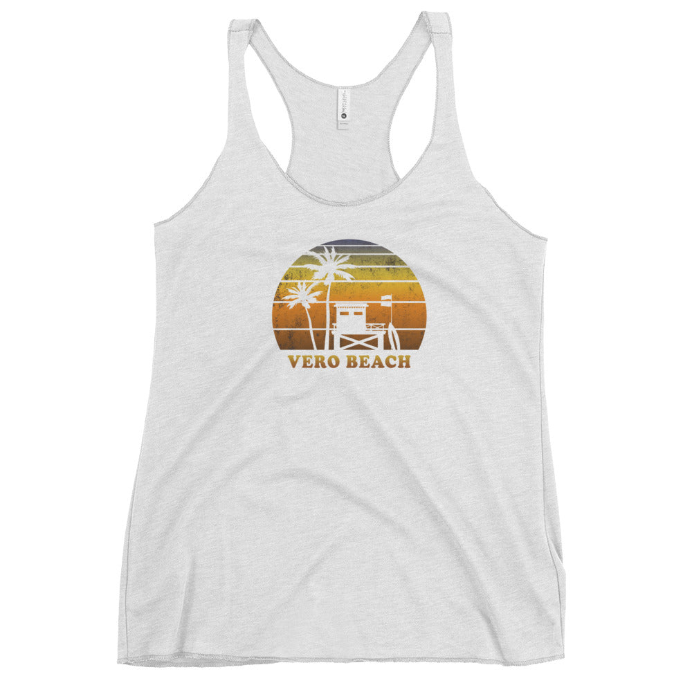 Retro Vero Beach Florida Sunset Surfing Palm Tree Vacation Souvenir Women's Racerback Tank Top