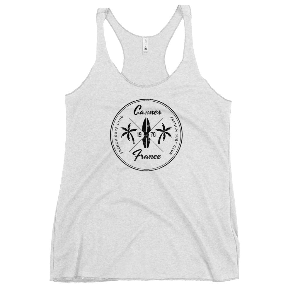 Retro Cannes France Beach Surfing Fan Vacation Souvenir Women's Racerback Tank Top