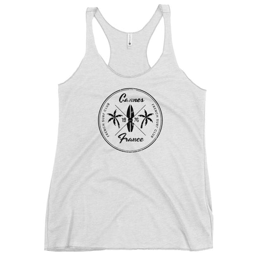 Retro Cannes France Beach Surfing Fan Vacation Souvenir Women's Racerback Tank Top