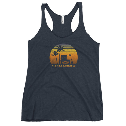 Retro Santa Monica California Beach Sunset Surfing Palm Tree Women's Racerback Tank Top