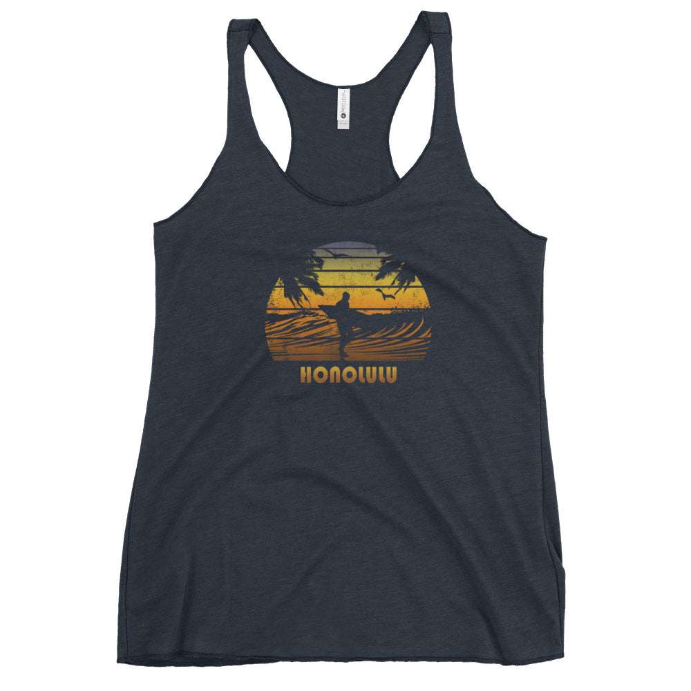 Retro Honolulu Oahu Hawaii Women's Racerback Tank Top Surfing Fan Surfer Beach Sunset Souvenir