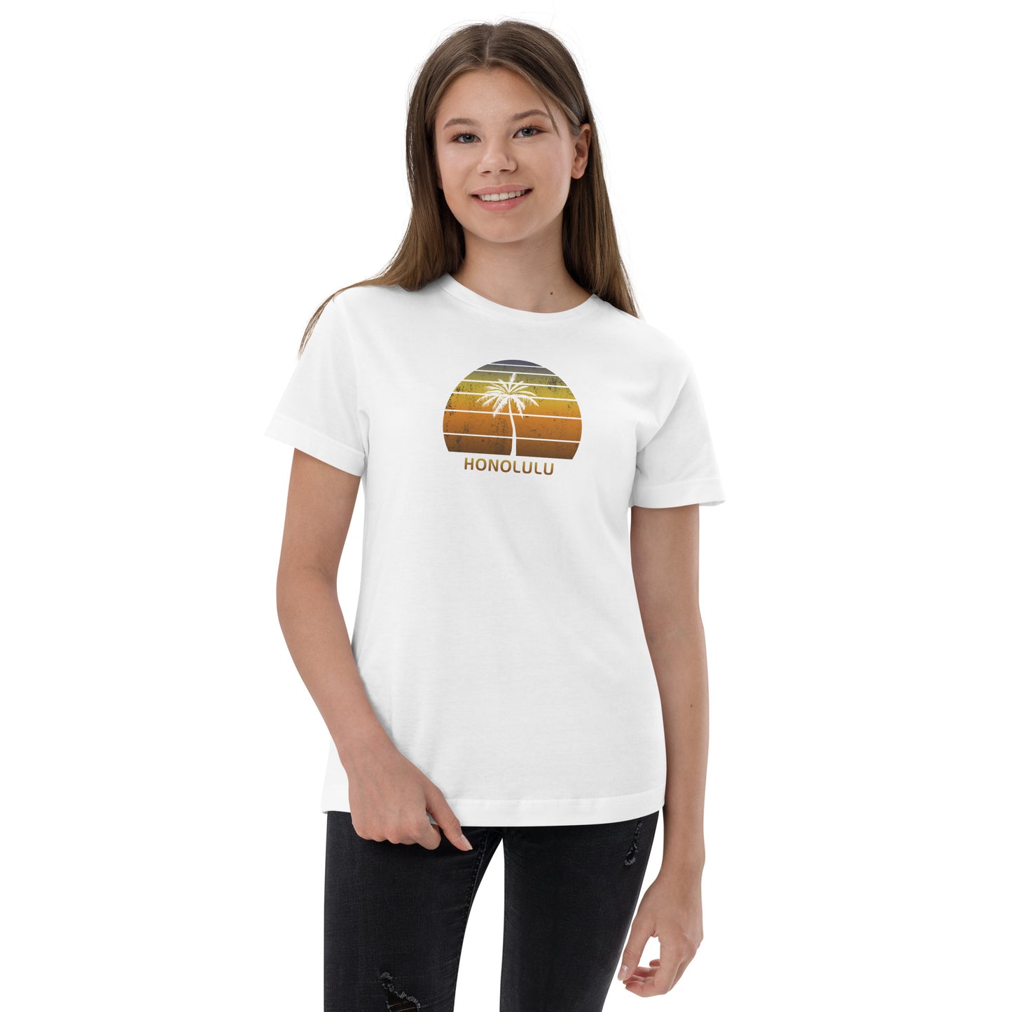 Retro Honolulu Oahu Hawaii Vintage Sunset Beach Vacation Souvenir Youth Jersey T-Shirt