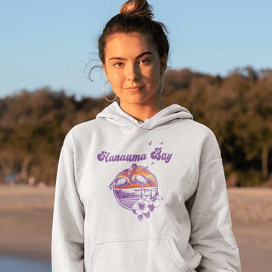 -Retro Hanauma Bay Oahu Hawaii Beach Flamingo Hibiscus Unisex Hoodie Top Sweatshirt