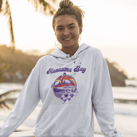 -Retro Hanauma Bay Oahu Hawaii Beach Flamingo Hibiscus Unisex Hoodie Top Sweatshirt