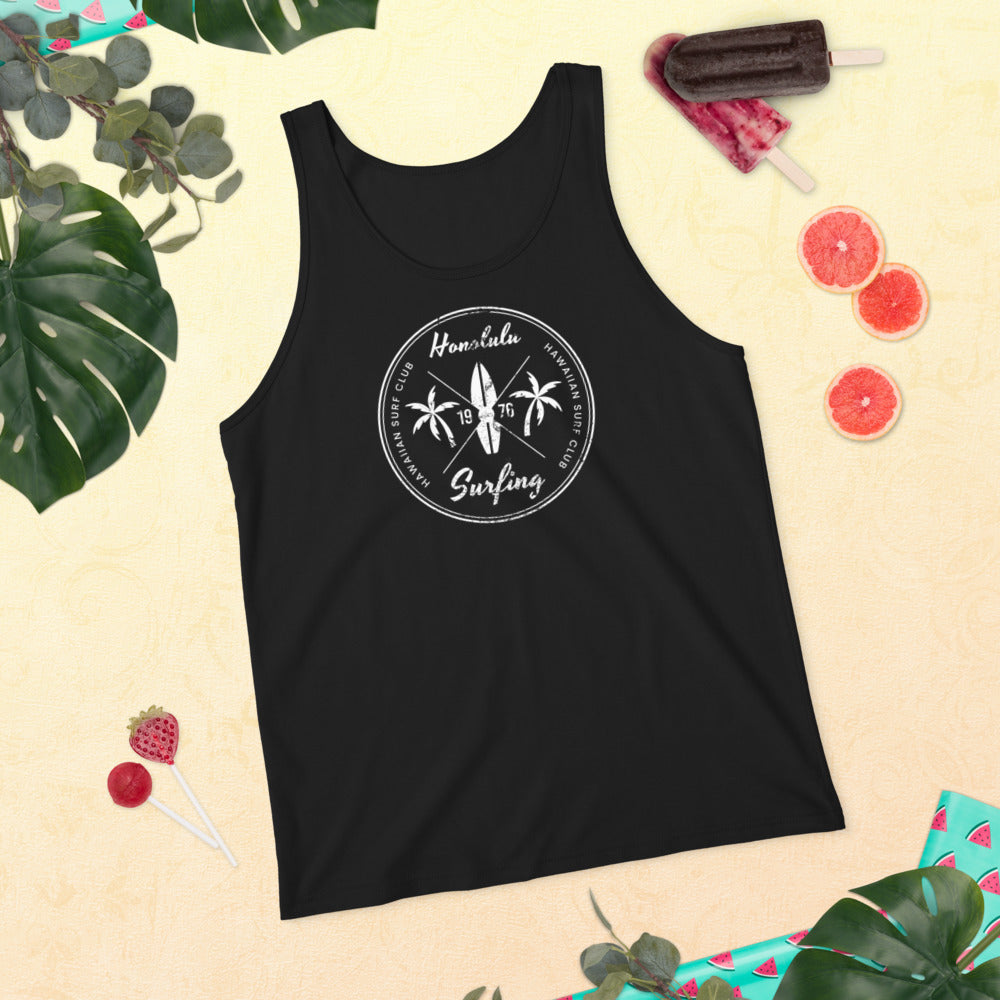 Retro Honolulu Oahu Hawaii Surfing Fan Beach  Unisex Tank Top