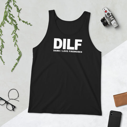 Funny DILF 4th Of July Joke Fireworks Fans Quote  Unisex Tank Top