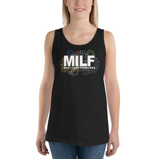 Funny MILF 4th Of July Fireworks Fan Joke Quote  Unisex Tank Top