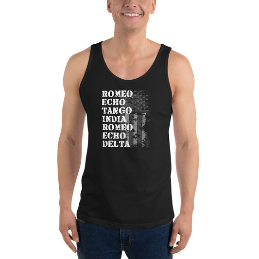 Cool Retired Military Service Veteran Army Navy Phonetic Alphabet Unisex Tank Top