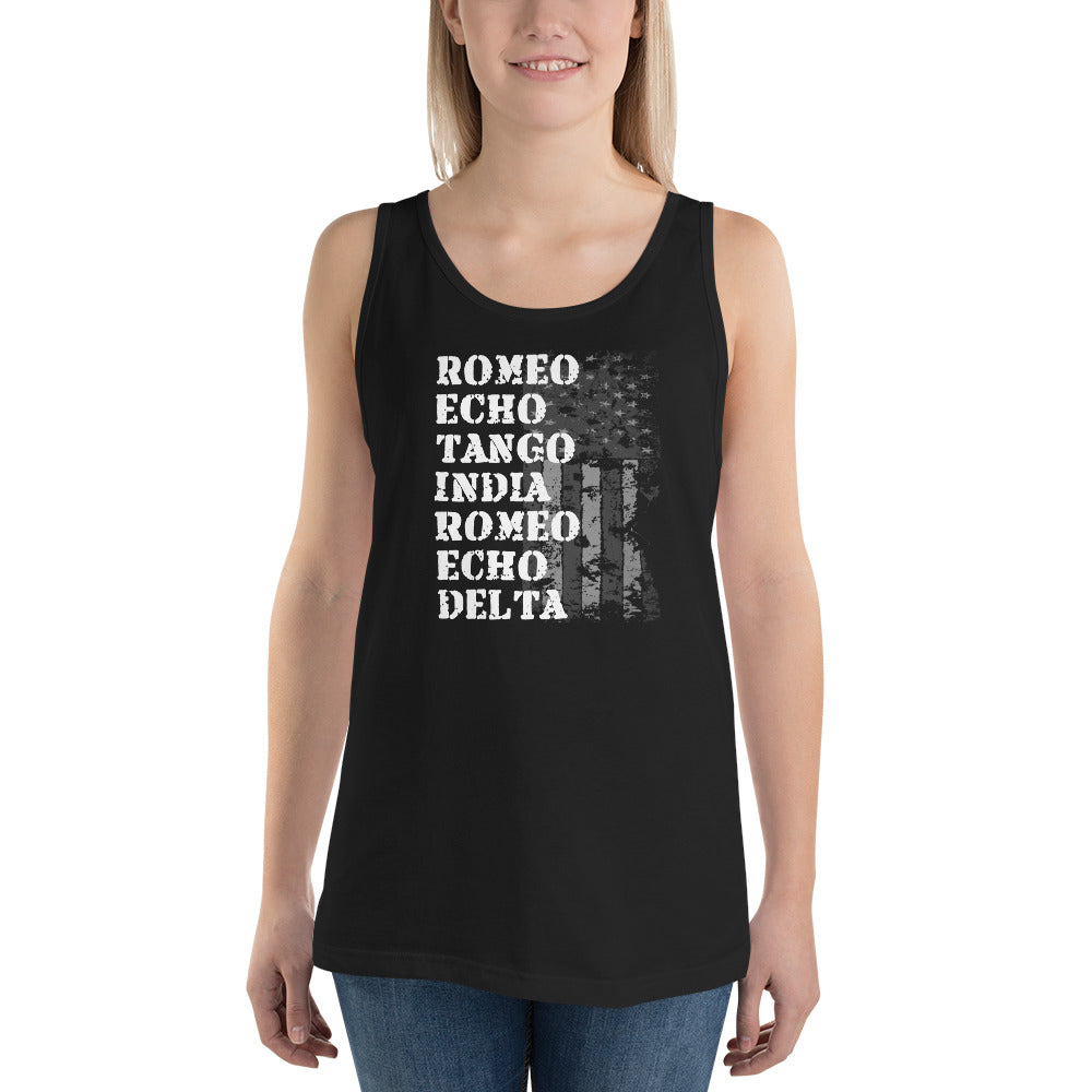 Cool Retired Military Service Veteran Army Navy Phonetic Alphabet Unisex Tank Top