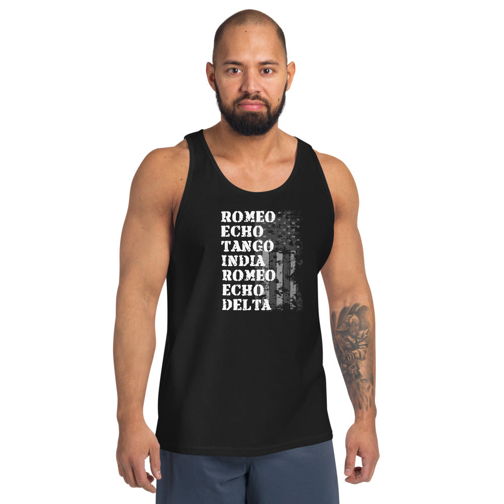 Cool Retired Military Service Veteran Army Navy Phonetic Alphabet Unisex Tank Top