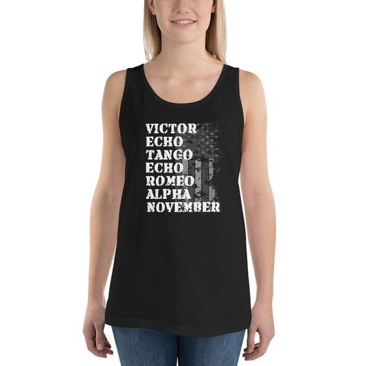 Cool Retired Veteran Military Service Army Navy Phonetic Alphabet Unisex Tank Top