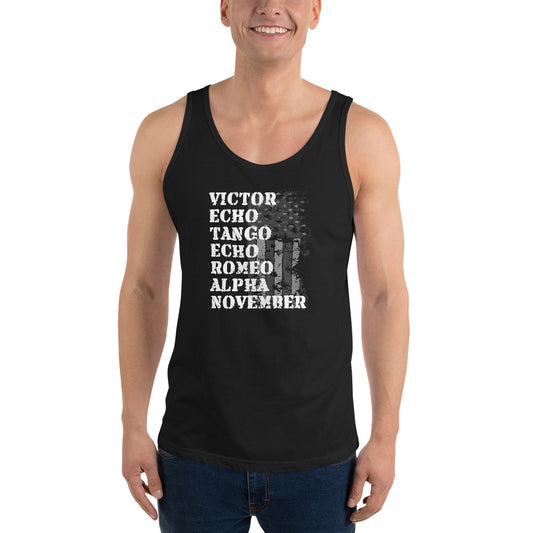 Cool Retired Veteran Military Service Army Navy Phonetic Alphabet Unisex Tank Top