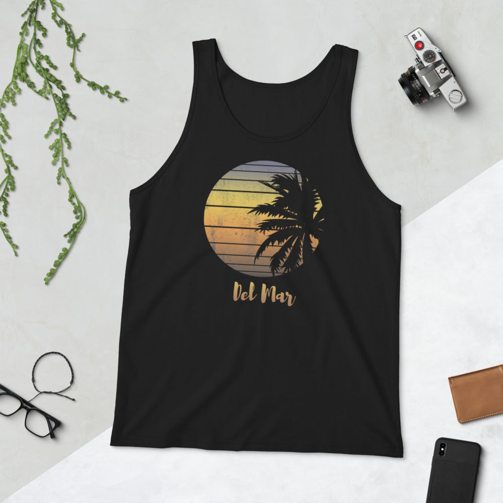 Retro Del Mar California Beach Vacation Souvenir Palm Tree Unisex Tank Top