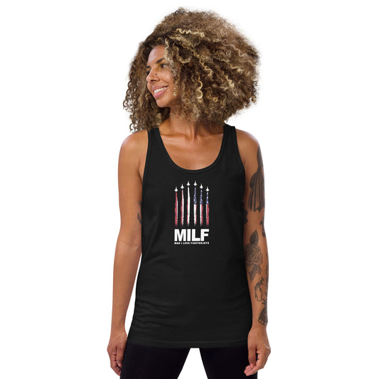 Funny MILF Military Service Jet Fighter  Joke 4th Of July USA Flag  Unisex Tank Top