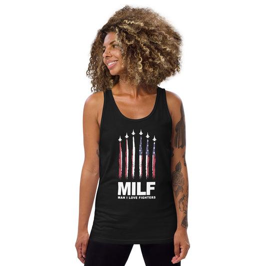 Funny MILF Military Service Fighter Jet  Joke 4th Of July USA Flag  Unisex Tank Top