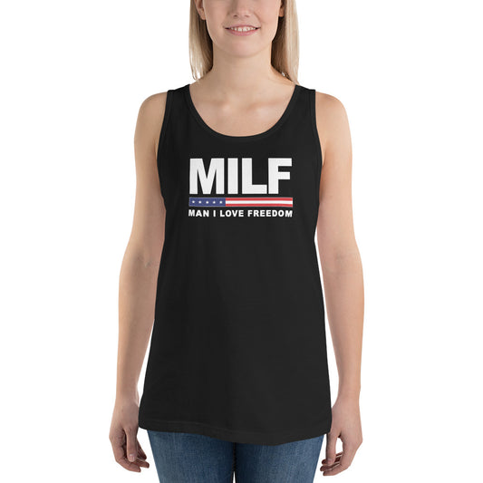Funny MILF Military Service Freedom Joke 4th Of July USA Flag Unisex Tank Top
