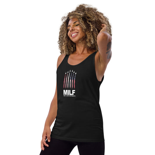 Funny MILF Military Service Jet Fighter  Joke 4th Of July USA Flag  Unisex Tank Top