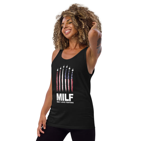 Funny MILF Military Service Fighter Jet  Joke 4th Of July USA Flag  Unisex Tank Top