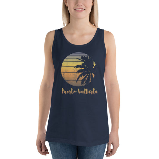 Retro Puerto Vallarta Mexico Beach Family Vacation Souvenir Palm Tree Unisex Tank Top