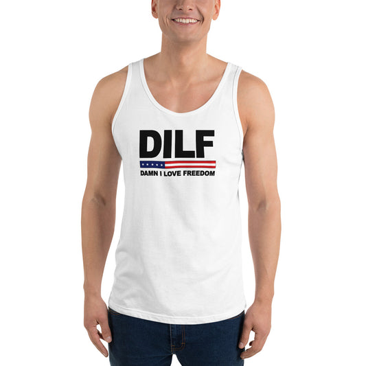 Funny DILF Military Service Freedom  4th Of July USA Flag Joke  Unisex Tank Top