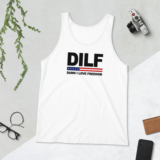 Funny DILF Military Service Freedom  4th Of July USA Flag Joke  Unisex Tank Top