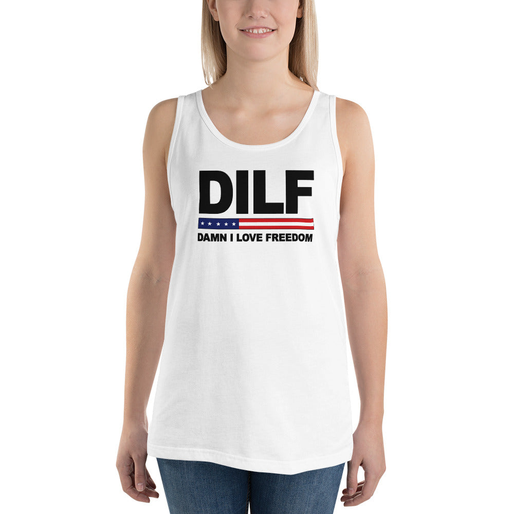 Funny DILF Military Service Freedom  4th Of July USA Flag Joke  Unisex Tank Top