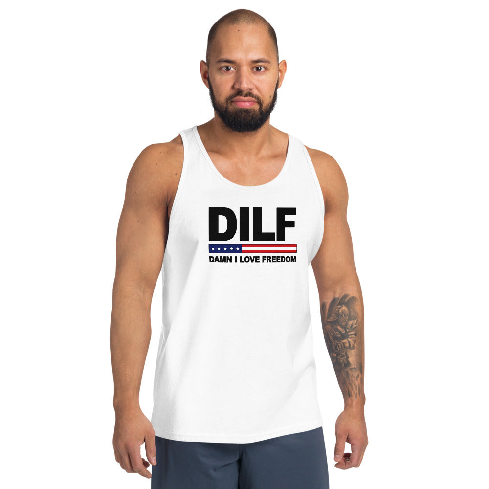 Funny DILF Military Service Freedom  4th Of July USA Flag Joke  Unisex Tank Top