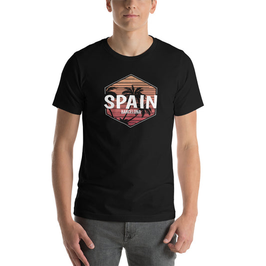 Barcelona Spain Sunset Tropical Vacation Souvenir  Retro Sunrise Unisex T-Shirt