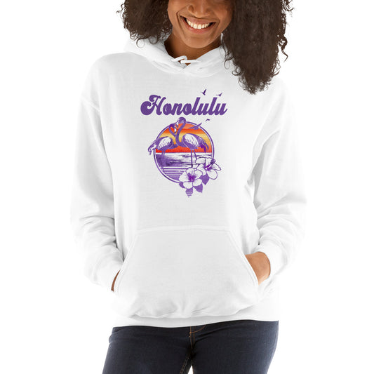 Retro Honolulu Oahu Hawaii Beach Flamingo Hibiscus Unisex Hoodie Top Sweatshirt