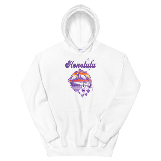 Retro Honolulu Oahu Hawaii Beach Flamingo Hibiscus Unisex Hoodie Top Sweatshirt