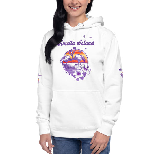 Retro Amelia Island Florida Beach Flamingo Hibiscus Unisex Hoodie Top Sweatshirt