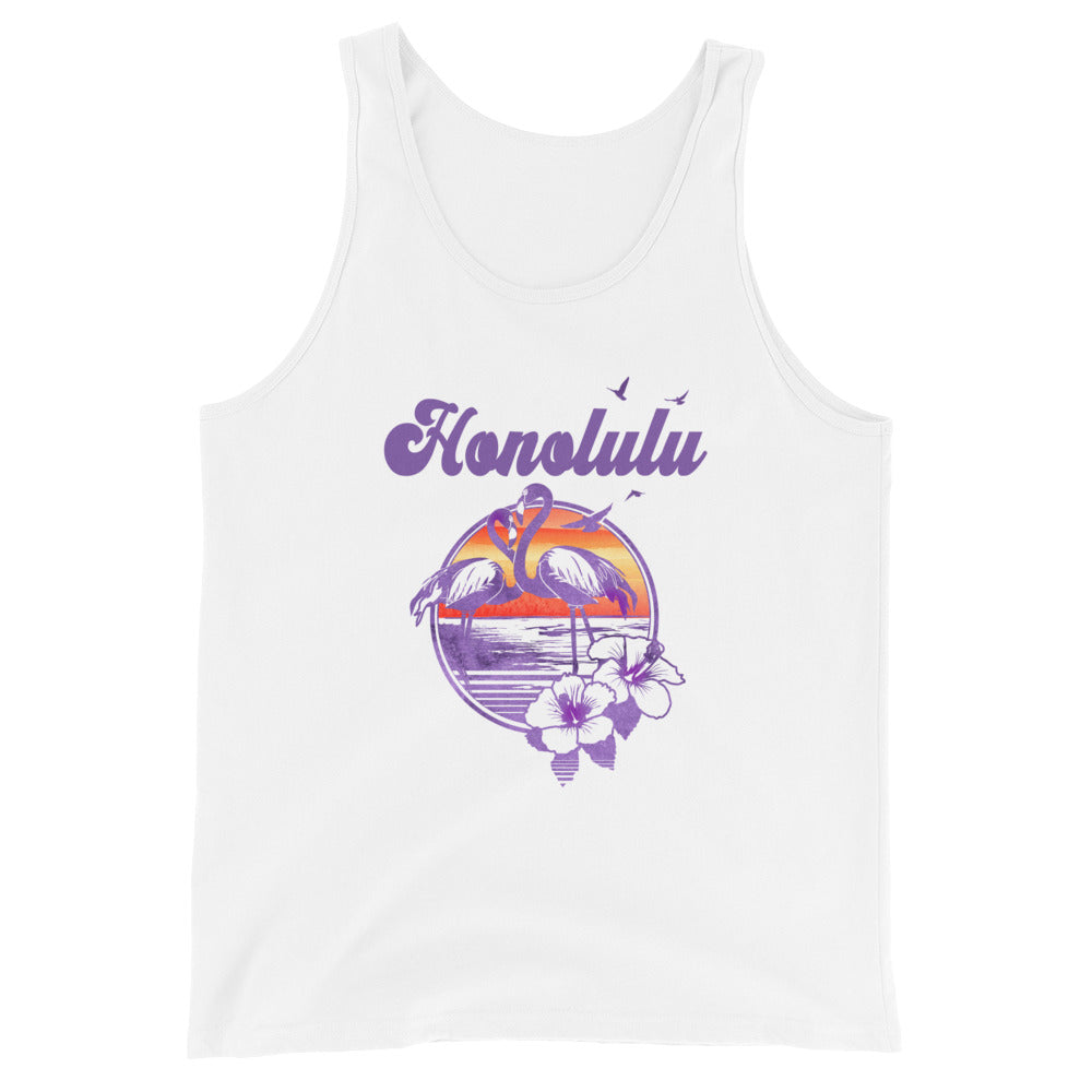 Retro Honolulu Oahu Hawaii Beach Flamingo Hibiscus Unisex Tank Top