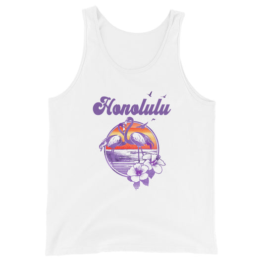 Retro Honolulu Oahu Hawaii Beach Flamingo Hibiscus Unisex Tank Top