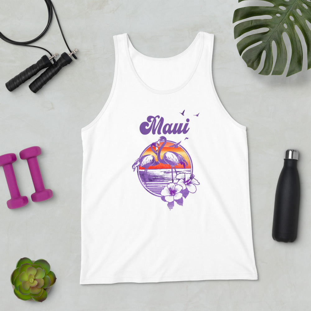 Retro Maui Hawaii Beach Flamingo Hibiscus Unisex Tank Top