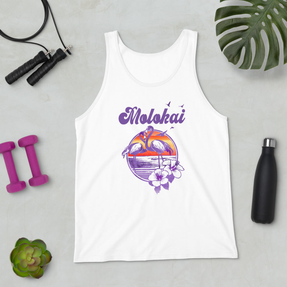 Retro Molokai Hawaii Beach Flamingo Hibiscus Unisex Tank Top