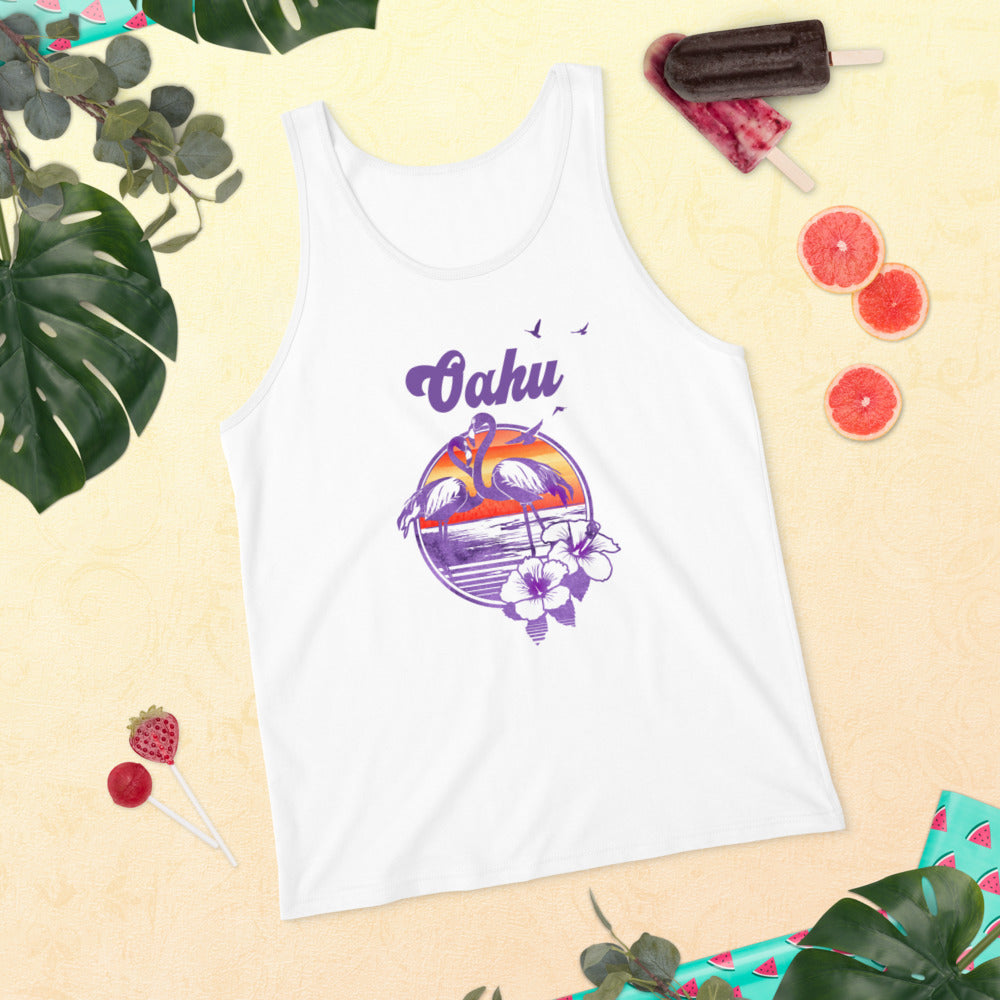 Retro Oahu Hawaii Beach Flamingo Hibiscus Unisex Tank Top